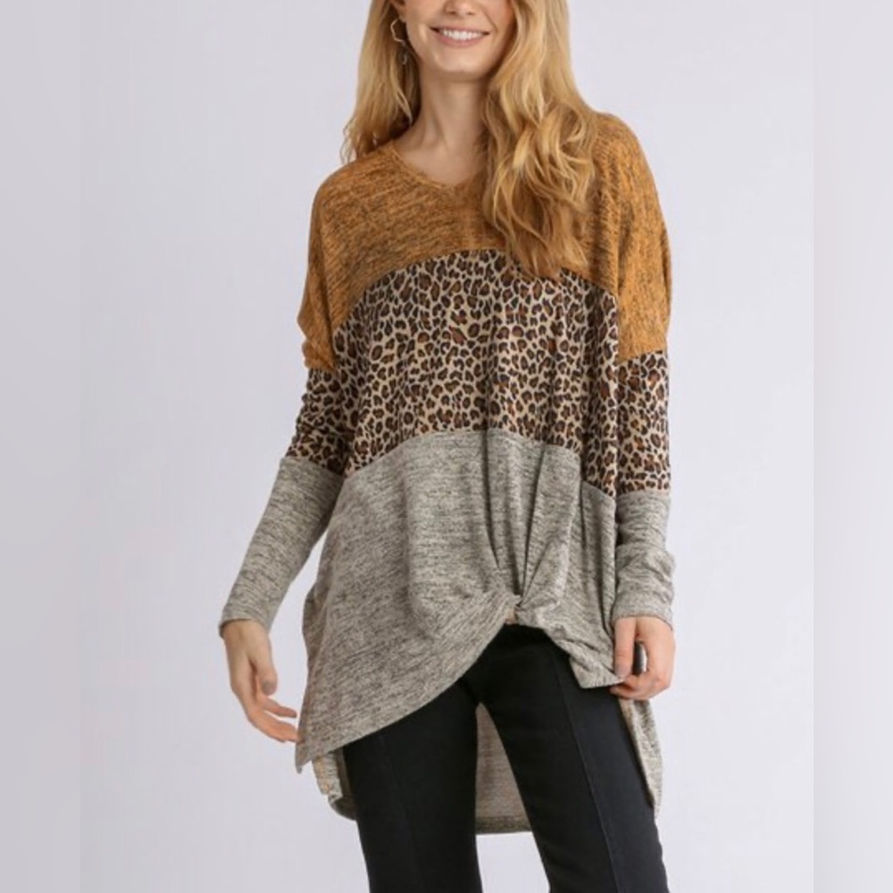 Umgee colorblock v neck knotted leopard print oversized sweater